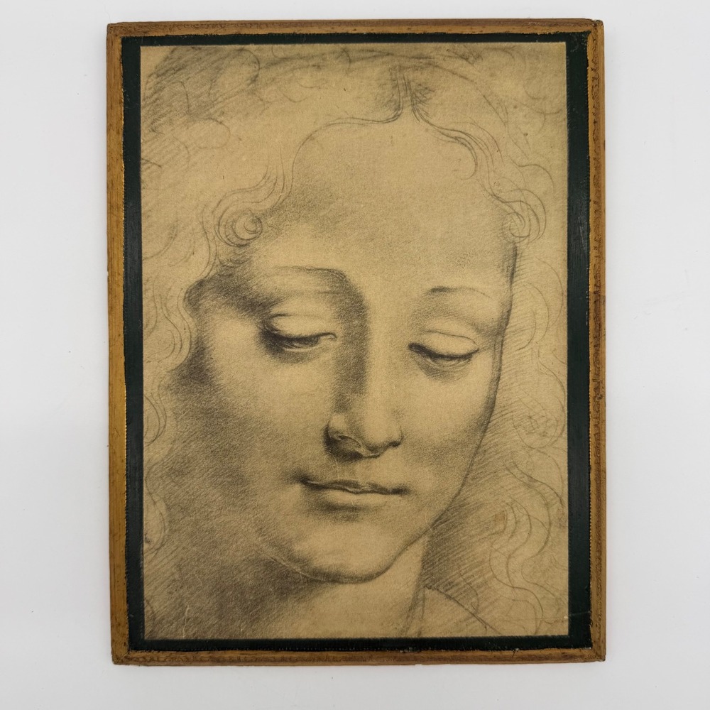 Vintage Italian Florentia Leonardo Portrait Wood Plaque Gold Gilt Florentine Art